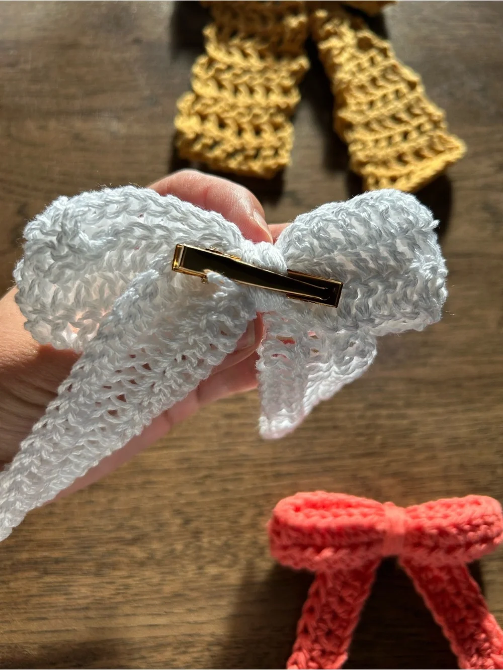 Crochet Bow Headband for Kids — Mustard, White & Coral